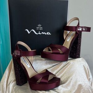 Nina Burgundy Platform Heels with Glitter Block Heel. 
BRAND NEW!